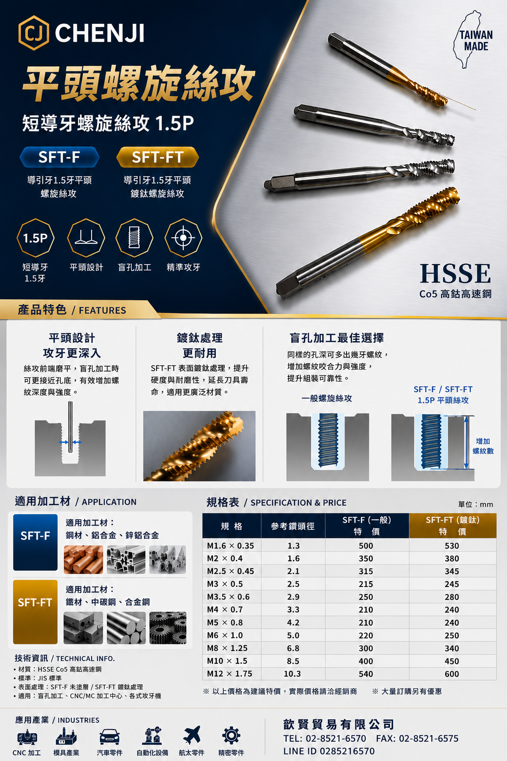 平頭螺旋絲攻(短導牙)